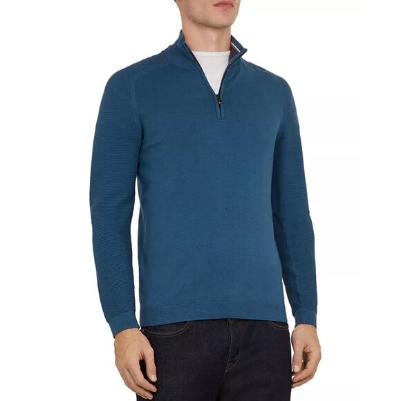 Ted Baker Justrun Teal Link Stitch Funnel Neck Sweater - Picture 1 of 12